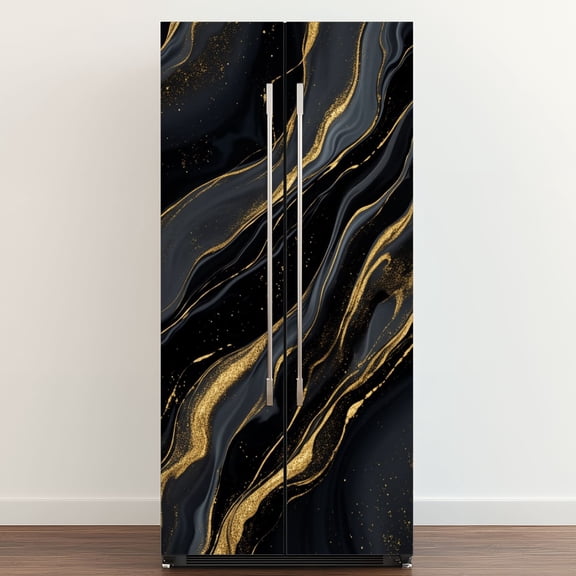 Self Adhesive Vinyl Refrigerator Wrap Set Black Gold Black Marble Abstract Gold Marble Swirling Door Mural Removable Fridge Sticker Peel and Stick&nbsp;Full Door Cover Decal Kitchen Bar Decor
