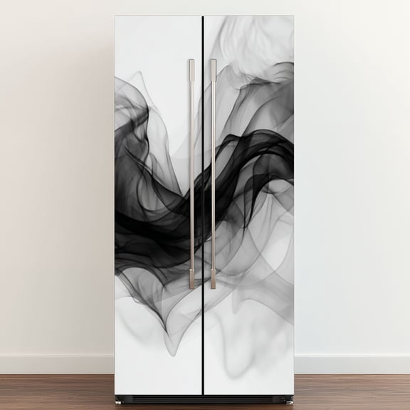 Self Adhesive Vinyl Refrigerator Wrap Set Black Gray Swirls Abstract Flow White Door Mural Removable Fridge Sticker Peel and Stick Full Door Cover Decal Kitchen Bar Decor