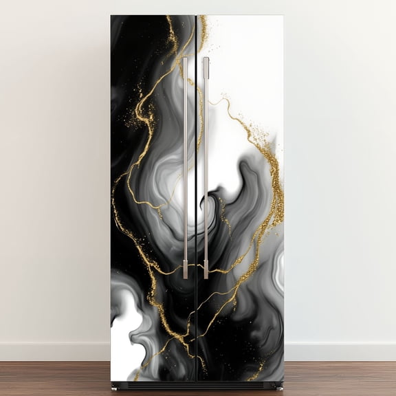 Self Adhesive Vinyl Refrigerator Wrap Set Black White Abstract Marble Gold Accents Door Mural Removable Fridge Sticker Peel and Stick&nbsp;Full Door Cover Decal Kitchen Bar Decor
