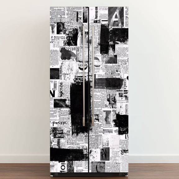 Self Adhesive Vinyl Refrigerator Wrap Set Black White Newspaper Collage Grunge Typography Torn Door Mural Removable Fridge Sticker Peel and Stick&nbsp;Full Door Cover Decal Kitchen Bar Decor
