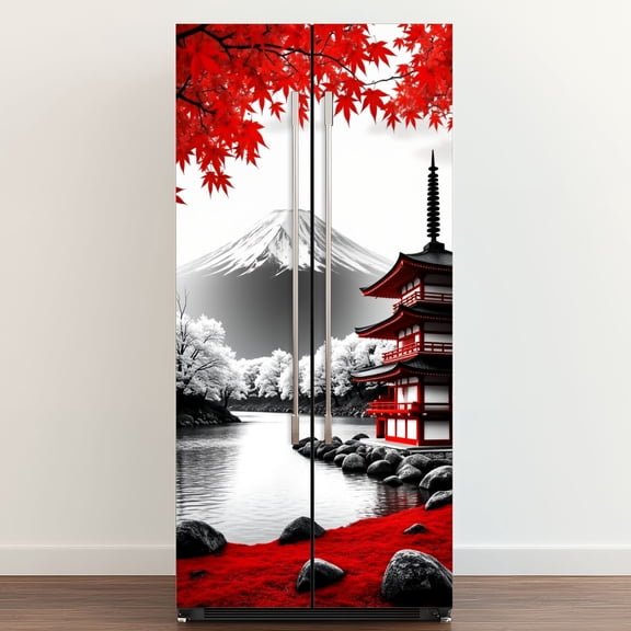 Self Adhesive Vinyl Refrigerator Wrap Set Black White Red Japanese Temple Autumn Fall Landscape Mount Door Mural Removable Fridge Sticker Peel and Stick Full Door Cover Decal Kitchen Bar Decor