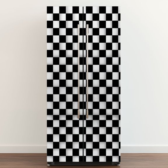 Self Adhesive Vinyl Refrigerator Wrap Set Black white checkered Endless flag Door Mural Removable Fridge Sticker Peel and Stick Full Door Cover Decal Kitchen Bar Decor