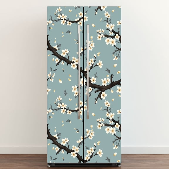 Self Adhesive Vinyl Refrigerator Wrap Set Blossoming Cherry Tree Branches White Flowers Soft Petals Door Mural Removable Fridge Sticker Peel and Stick&nbsp;Full Door Cover Decal Kitchen Bar Decor