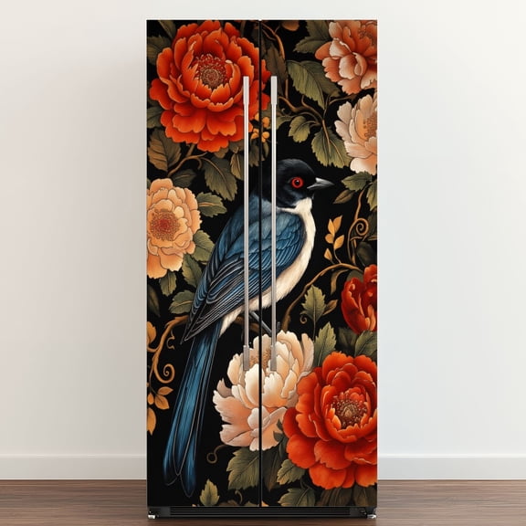 Self Adhesive Vinyl Refrigerator Wrap Set Blue Bird Perched Among Vibrant Red White Roses vintage boho Door Mural Removable Fridge Sticker Peel and Stick Full Door Cover Decal Kitchen Bar Decor