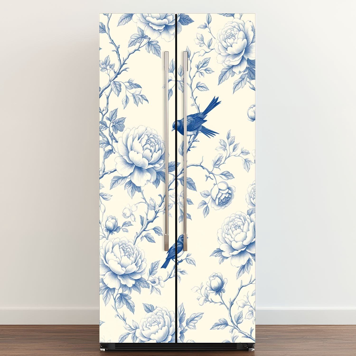 Self Adhesive Vinyl Refrigerator Wrap Set Blue Birds Blossoms Vintage Floral Door Mural Removable Fridge Sticker Peel and Stick&nbsp;Full Door Cover Decal Kitchen Bar Decor