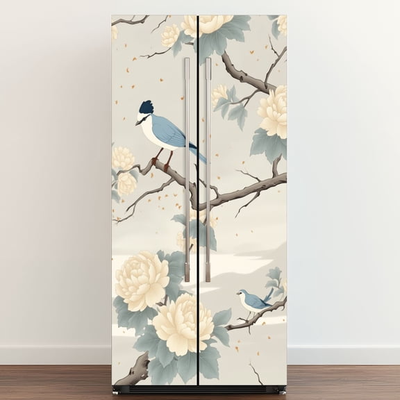 Self Adhesive Vinyl Refrigerator Wrap Set Blue Birds Perched Branches Cream Peonies Traditional Asian Door Mural Removable Fridge Sticker Peel and Stick&nbsp;Full Door Cover Decal Kitchen Bar Decor