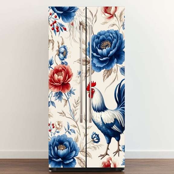 Self Adhesive Vinyl Refrigerator Wrap Set Blue Floral Rooster Vibrant Red White Accents Door Mural Removable Fridge Sticker Peel and Stick Full Door Cover Decal Kitchen Bar Decor