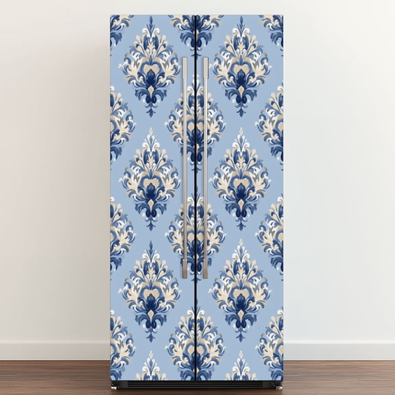 Self Adhesive Vinyl Refrigerator Wrap Set Blue Gold Baroque Damask Floral Slate Door Mural Removable Fridge Sticker Peel and Stick Full Door Cover Decal Kitchen Bar Decor