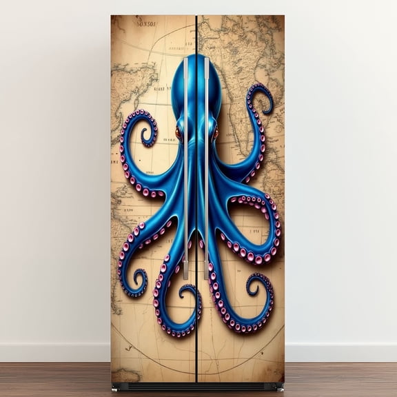 Self Adhesive Vinyl Refrigerator Wrap Set Blue Octopus Antique World Map Octopus Nautical Map coastal Door Mural Removable Fridge Sticker Peel and Stick&nbsp;Full Door Cover Decal Kitchen Bar Decor