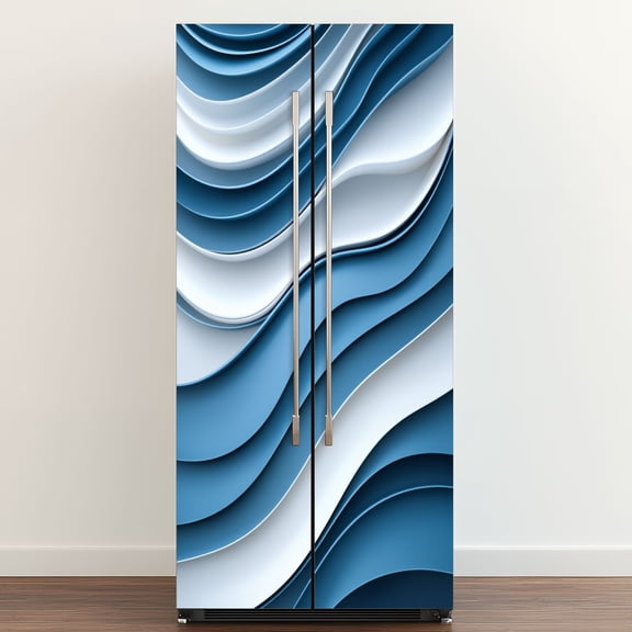 Self Adhesive Vinyl Refrigerator Wrap Set Blue White Stripe Wave Patterns Repetitive Lines Door Mural Removable Fridge Sticker Peel and Stick Full Door Cover Decal Kitchen Bar Decor