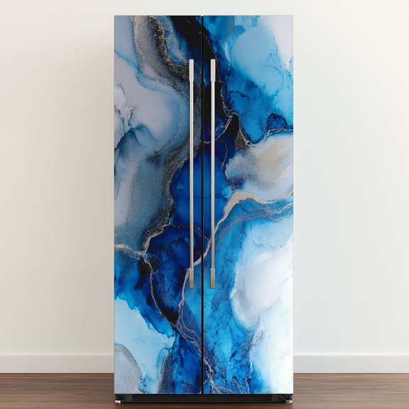 Self Adhesive Vinyl Refrigerator Wrap Set Blue silver abstract marble liquid ink art painting Door Mural Removable Fridge Sticker Peel and Stick&nbsp;Full Door Cover Decal Kitchen Bar Decor