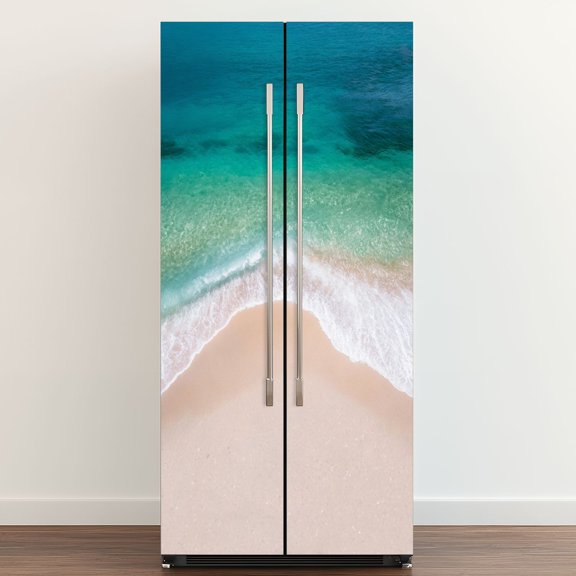 Self Adhesive Vinyl Refrigerator Wrap Set Blue water white sand Door Mural Removable Fridge Sticker Peel and Stick&nbsp;Full Door Cover Decal Kitchen Bar Decor
