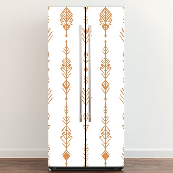 Self Adhesive Vinyl Refrigerator Wrap Set Bohemian Arrow Terracotta White Geometric Shapes Door Mural Removable Fridge Sticker Peel and Stick Full Door Cover Decal Kitchen Bar Decor