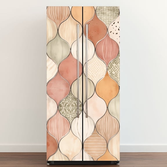 Self Adhesive Vinyl Refrigerator Wrap Set Bohemian Moroccan Tile Muted Earth Tones Intricate Designs Door Mural Removable Fridge Sticker Peel and Stick&nbsp;Full Door Cover Decal Kitchen Bar Decor