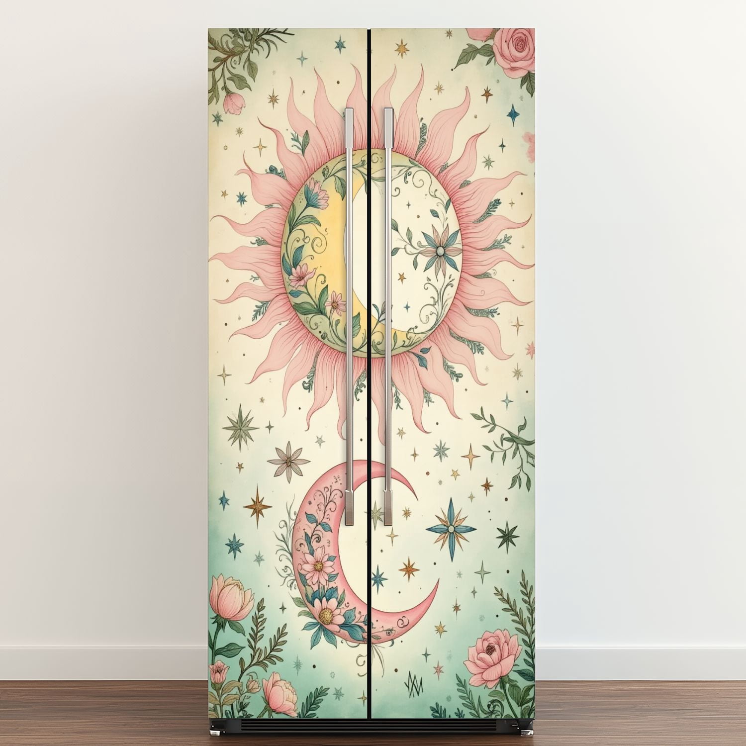 Self Adhesive Vinyl Refrigerator Wrap Set Bohemian Sun Moon Floral Accents Pastel Colors Door Mural Removable Fridge Sticker Peel and Stick&nbsp;Full Door Cover Decal Kitchen Bar Decor
