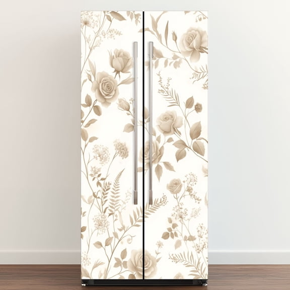 Self Adhesive Vinyl Refrigerator Wrap Set Boho Floral Flower Leaf Botanical Beige Roses Leaves Door Mural Removable Fridge Sticker Peel and Stick Full Door Cover Decal Kitchen Bar Decor