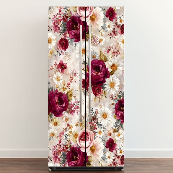 Self Adhesive Vinyl Refrigerator Wrap Set Boho Vintage Floral Canvas Burgundy Roses White Daisies Door Mural Removable Fridge Sticker Peel and Stick&nbsp;Full Door Cover Decal Kitchen Bar Decor