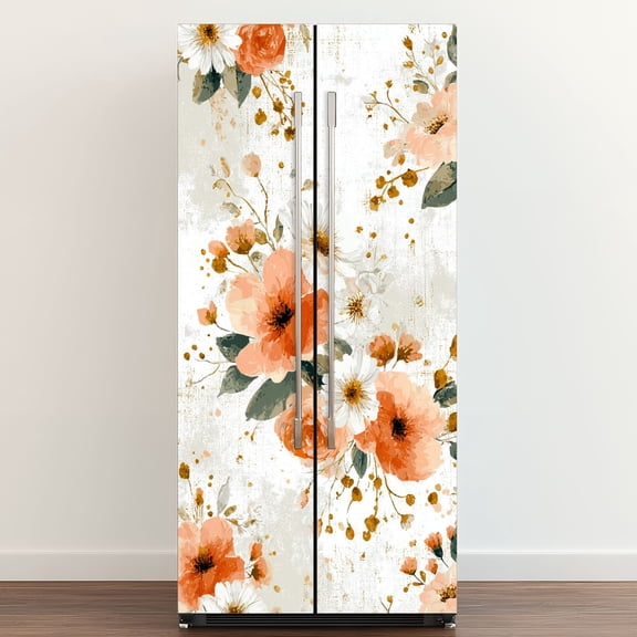 Self Adhesive Vinyl Refrigerator Wrap Set Boho Vintage Floral Design Roses Daisies Soft Coral Boho Door Mural Removable Fridge Sticker Peel and Stick&nbsp;Full Door Cover Decal Kitchen Bar Decor