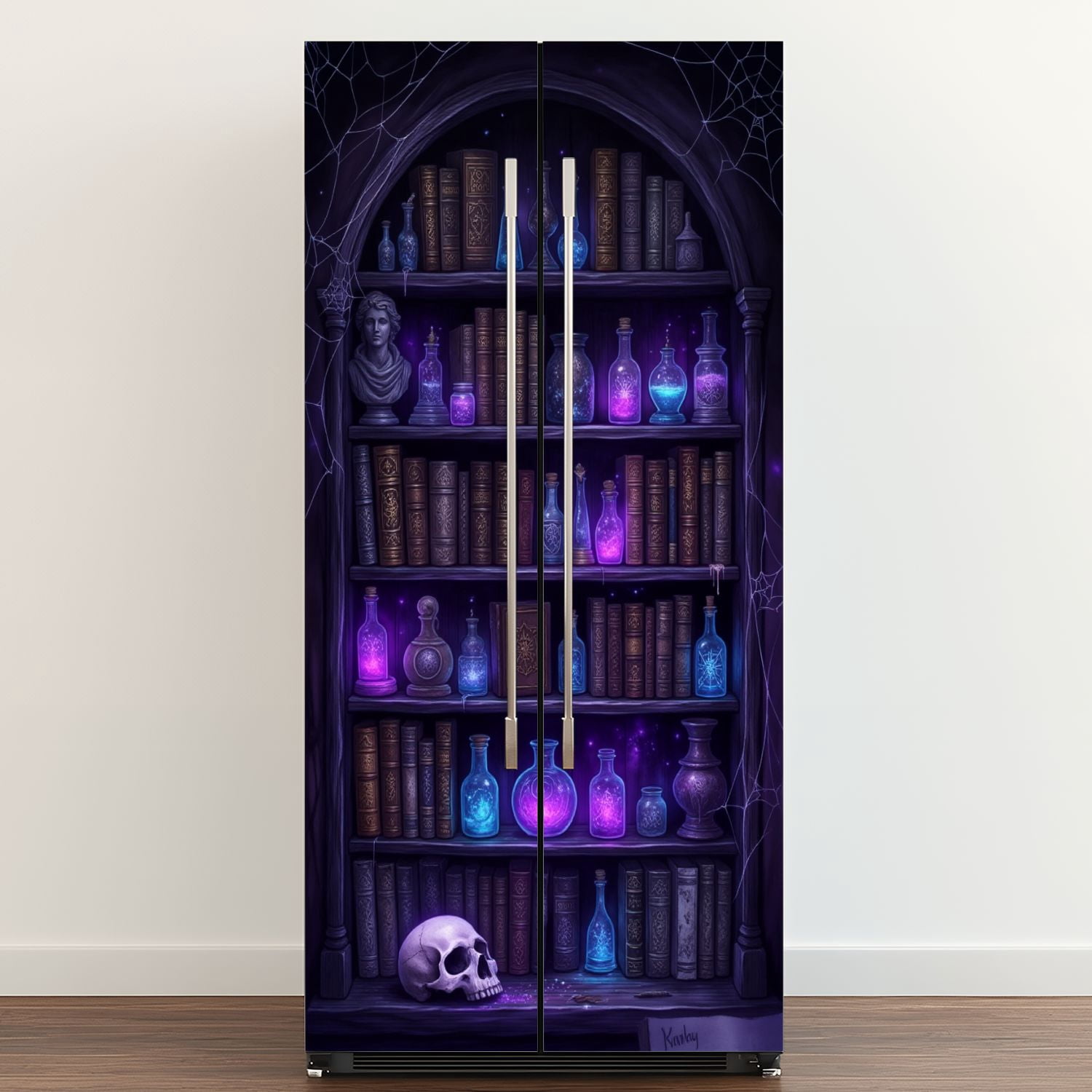 Self Adhesive Vinyl Refrigerator Wrap Set Book Shelf Gothic Spellbooks Artifacts Door Mural Removable Fridge Sticker Peel and Stick&nbsp;Full Door Cover Decal Kitchen Bar Decor