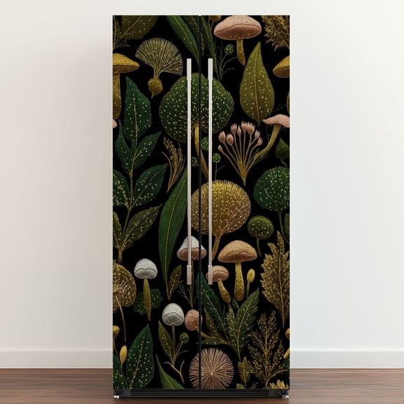 Self Adhesive Vinyl Refrigerator Wrap Set Botanical Embroidery Golden Green Leaves Black Door Mural Removable Fridge Sticker Peel and Stick Full Door Cover Decal Kitchen Bar Decor