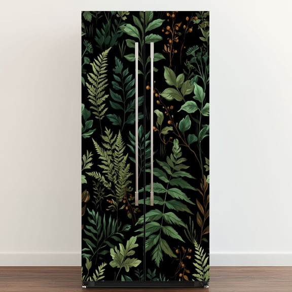 Self Adhesive Vinyl Refrigerator Wrap Set Botanical Fern Leaf Dark Door Mural Removable Fridge Sticker Peel and Stick&nbsp;Full Door Cover Decal Kitchen Bar Decor