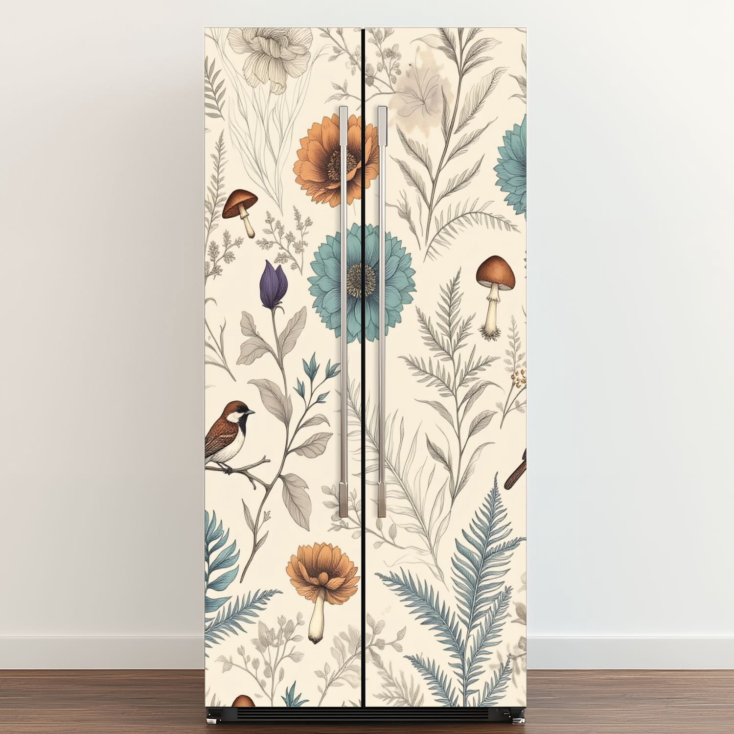 Self Adhesive Vinyl Refrigerator Wrap Set Botanical Floral Birds Mushrooms Muted Colors Door Mural Removable Fridge Sticker Peel and Stick&nbsp;Full Door Cover Decal Kitchen Bar Decor