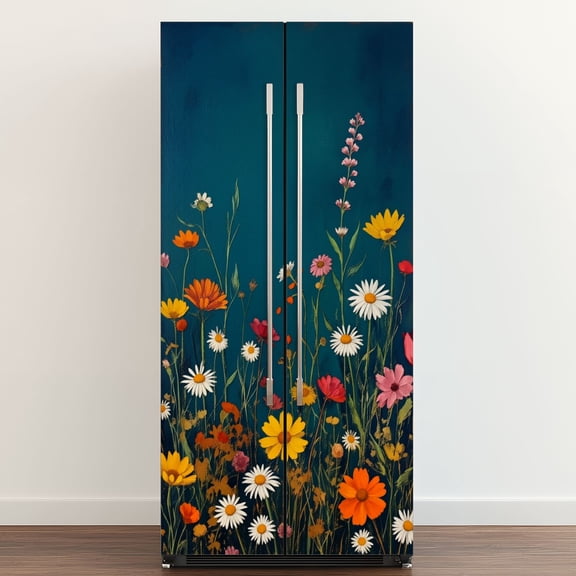 Self Adhesive Vinyl Refrigerator Wrap Set Botanical Floral Wildflower Rustic Dark Blue Colorful Flower Door Mural Removable Fridge Sticker Peel and Stick Full Door Cover Decal Kitchen Bar Decor
