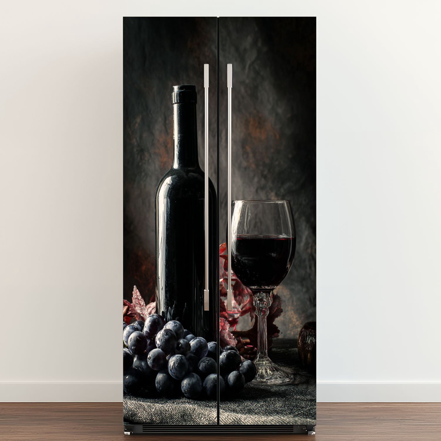 Self Adhesive Vinyl Refrigerator Wrap Set Bottle red wine glass grapes Door Mural Removable Fridge Sticker Peel and Stick&nbsp;Full Door Cover Decal Kitchen Bar Decor