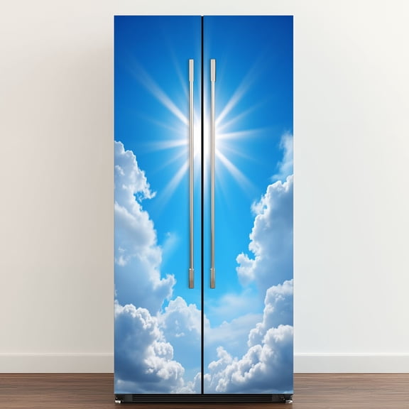 Self Adhesive Vinyl Refrigerator Wrap Set Bright Sun Sky Soft Door Mural Removable Fridge Sticker Peel and Stick Full Door Cover Decal Kitchen Bar Decor