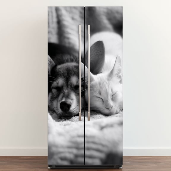 Self Adhesive Vinyl Refrigerator Wrap Set Cat dog sleeping Puppy kitten Door Mural Removable Fridge Sticker Peel and Stick Full Door Cover Decal Kitchen Bar Decor