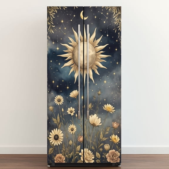 Self Adhesive Vinyl Refrigerator Wrap Set Celestial Sun Moon Floral Design Starry Sky Fantasy Door Mural Removable Fridge Sticker Peel and Stick Full Door Cover Decal Kitchen Bar Decor