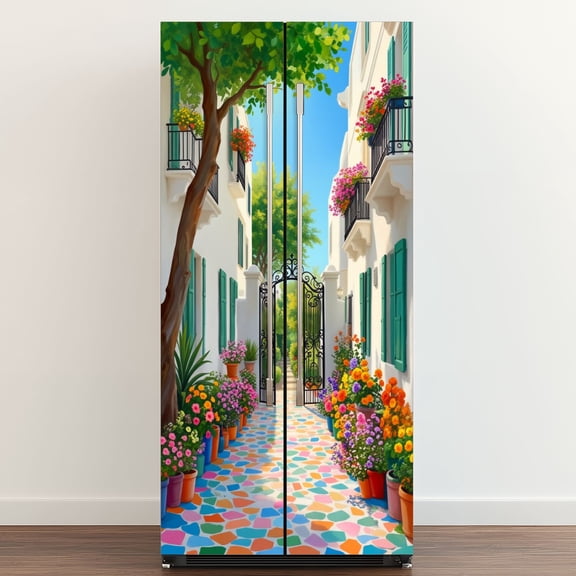 Self Adhesive Vinyl Refrigerator Wrap Set Charming Courtyard Colorful Flower Pots Gate Door Mural Removable Fridge Sticker Peel and Stick&nbsp;Full Door Cover Decal Kitchen Bar Decor