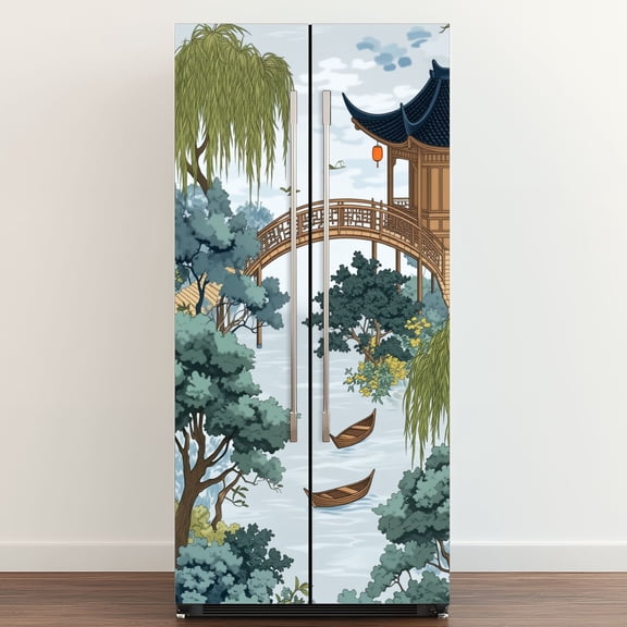 Self Adhesive Vinyl Refrigerator Wrap Set Chinese Inspired Landscape Pagoda Bridge Boat Cloudy Door Mural Removable Fridge Sticker Peel and Stick&nbsp;Full Door Cover Decal Kitchen Bar Decor