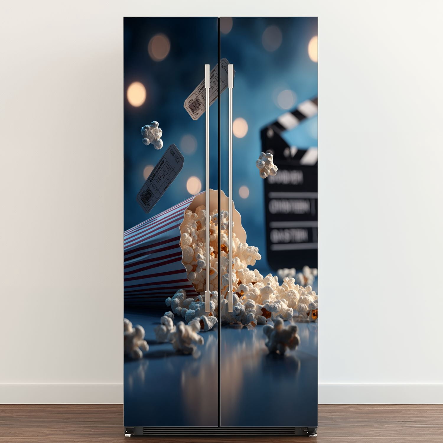 Self Adhesive Vinyl Refrigerator Wrap Set Cinema blue 3d popcorn tape Door Mural Removable Fridge Sticker Peel and Stick&nbsp;Full Door Cover Decal Kitchen Bar Decor