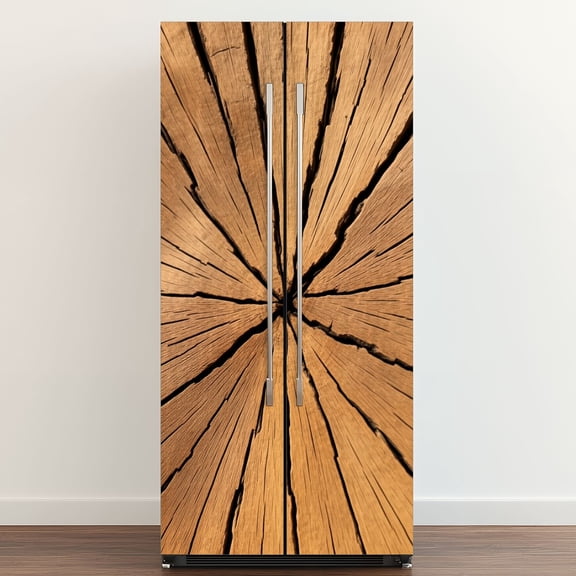Self Adhesive Vinyl Refrigerator Wrap Set Close Up Cracked Wooden Surface Natural Radial Door Mural Removable Fridge Sticker Peel and Stick Full Door Cover Decal Kitchen Bar Decor