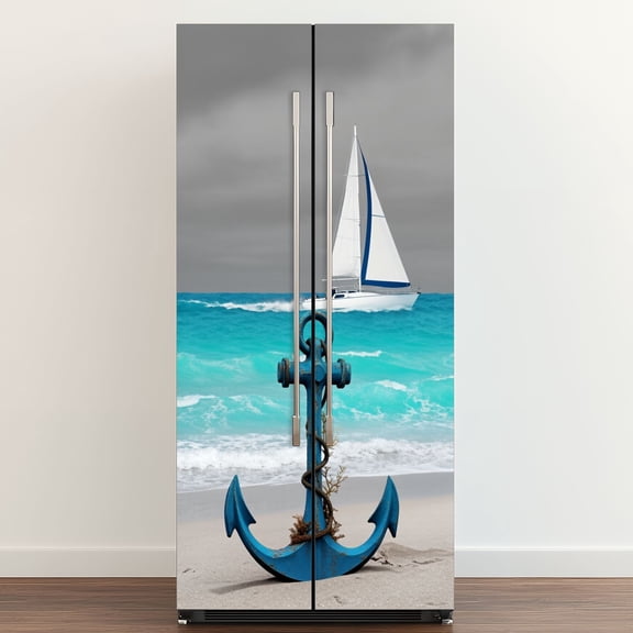 Self Adhesive Vinyl Refrigerator Wrap Set Coastal Blue Ocean Sailboat Anchor Sailing Boat Sky Door Mural Removable Fridge Sticker Peel and Stick Full Door Cover Decal Kitchen Bar Decor