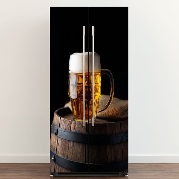 Self Adhesive Vinyl Refrigerator Wrap Set Cold glass craft beer old wooden barrel Door Mural Removable Fridge Sticker Peel and Stick&nbsp;Full Door Cover Decal Kitchen Bar Decor
