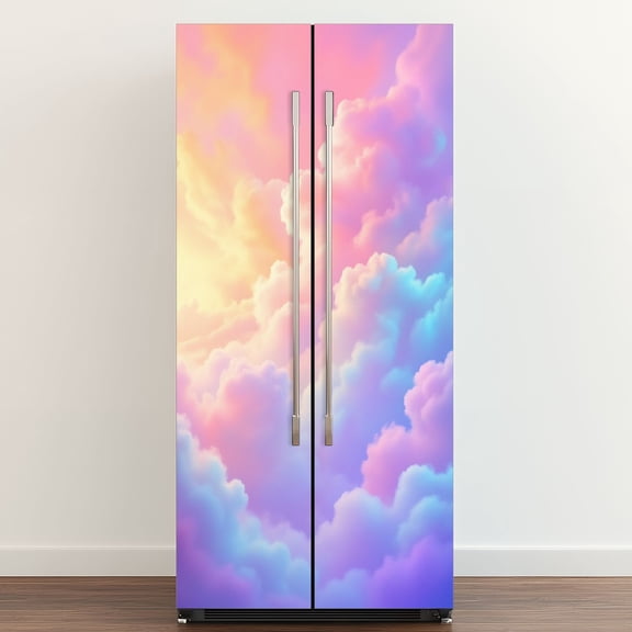 Self Adhesive Vinyl Refrigerator Wrap Set Colorful Clouds Sunset Sky Pastel Hues Light Reflections Door Mural Removable Fridge Sticker Peel and Stick Full Door Cover Decal Kitchen Bar Decor