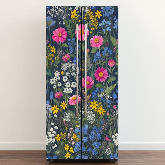 Self Adhesive Vinyl Refrigerator Wrap Set Colorful Floral Garden Pink Blue Yellow Blooms Door Mural Removable Fridge Sticker Peel and Stick Full Door Cover Decal Kitchen Bar Decor
