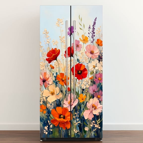 Self Adhesive Vinyl Refrigerator Wrap Set Colorful Flower Red Orange Floral Abstract Spring Wildflower Door Mural Removable Fridge Sticker Peel and Stick Full Door Cover Decal Kitchen Bar Decor