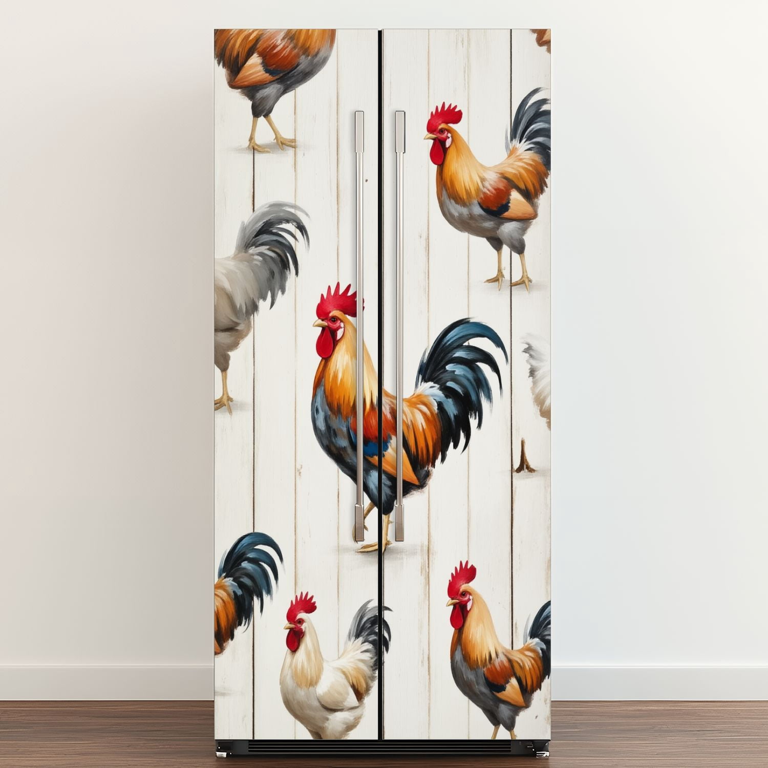Self Adhesive Vinyl Refrigerator Wrap Set Colorful Roosters Artistic Brushstroke Style Rustic Wood Door Mural Removable Fridge Sticker Peel and Stick&nbsp;Full Door Cover Decal Kitchen Bar Decor