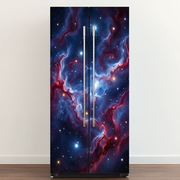 Self Adhesive Vinyl Refrigerator Wrap Set Cosmic Nebula Starfield Blue Purple Interstellar Clouds Door Mural Removable Fridge Sticker Peel and Stick Full Door Cover Decal Kitchen Bar Decor