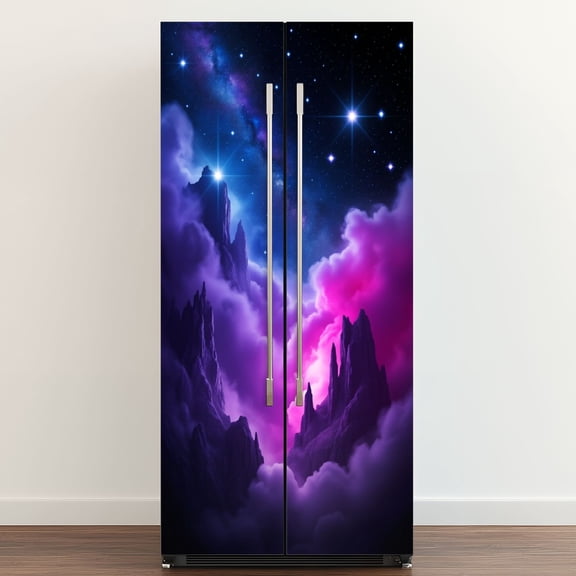 Self Adhesive Vinyl Refrigerator Wrap Set Cosmos Galaxy Stars Nebula Galaxies Purple Tones Cosmic Door Mural Removable Fridge Sticker Peel and Stick Full Door Cover Decal Kitchen Bar Decor