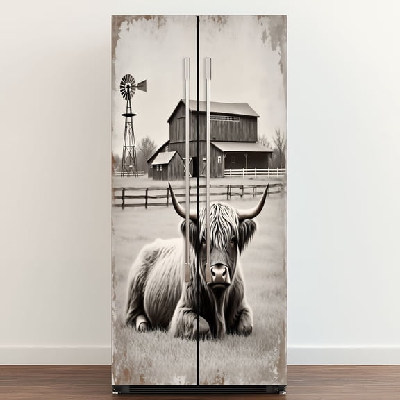 Self Adhesive Vinyl Refrigerator Wrap Set Cow Decor Farmhouse Landscape Painting Highland Cow Barn Door Mural Removable Fridge Sticker Peel and Stick&nbsp;Full Door Cover Decal Kitchen Bar Decor