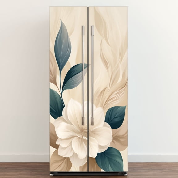 Self Adhesive Vinyl Refrigerator Wrap Set Cream White Floral Modern Large Central Flower Curved Leaves Door Mural Removable Fridge Sticker Peel and Stick&nbsp;Full Door Cover Decal Kitchen Bar Decor