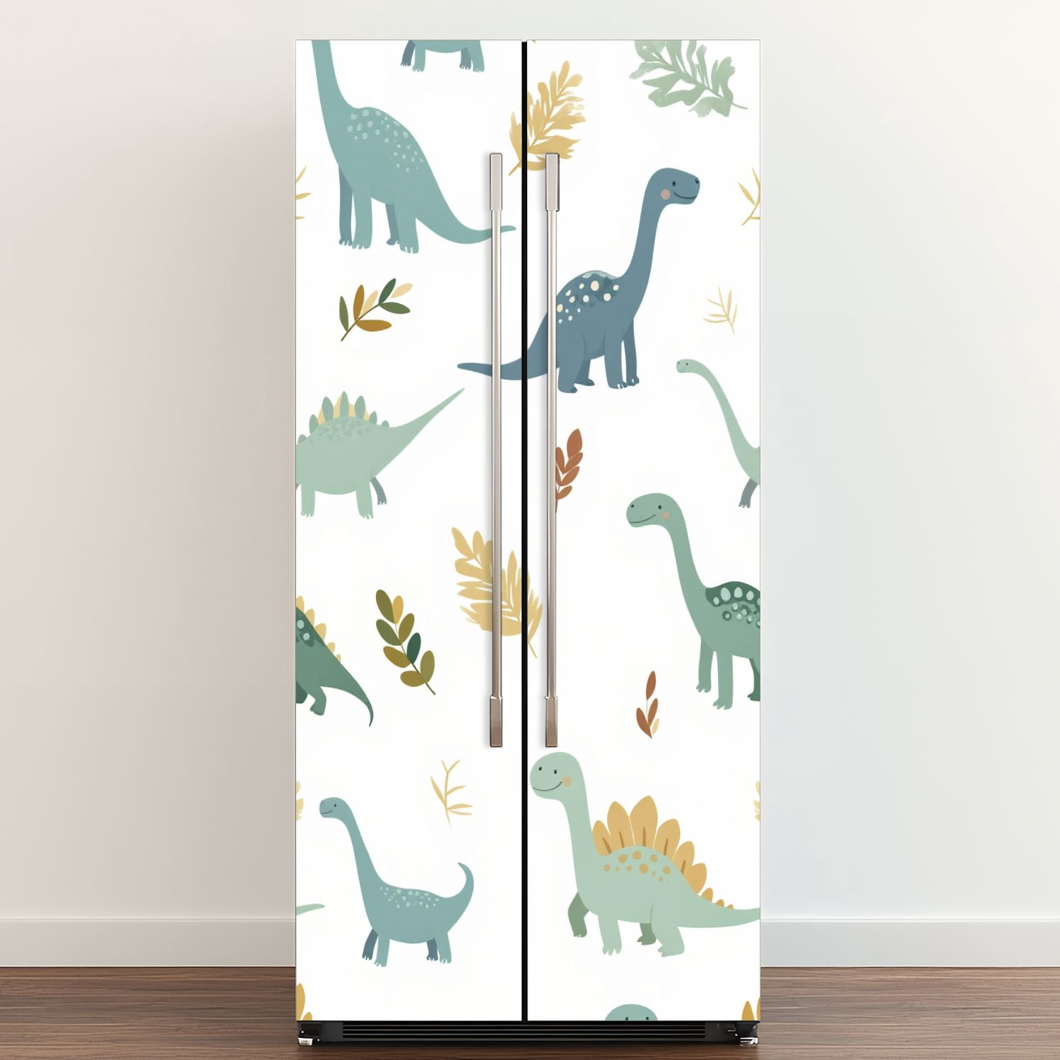 Self Adhesive Vinyl Refrigerator Wrap Set Cute Dinosaurs Foliage Door Mural Removable Fridge Sticker Peel and Stick&nbsp;Full Door Cover Decal Kitchen Bar Decor