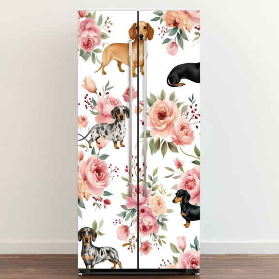 Self Adhesive Vinyl Refrigerator Wrap Set Dachshund Dog Pink Floral Design Door Mural Removable Fridge Sticker Peel and Stick&nbsp;Full Door Cover Decal Kitchen Bar Decor