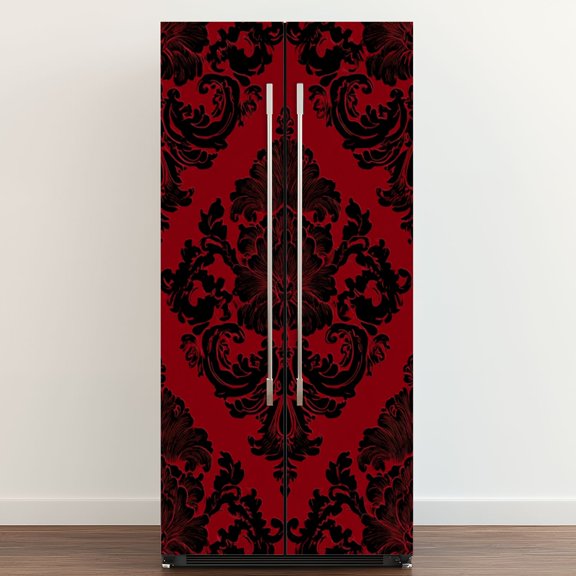 Self Adhesive Vinyl Refrigerator Wrap Set Damask Floral Black Deep Red Baroque Ornamental Design Door Mural Removable Fridge Sticker Peel and Stick Full Door Cover Decal Kitchen Bar Decor