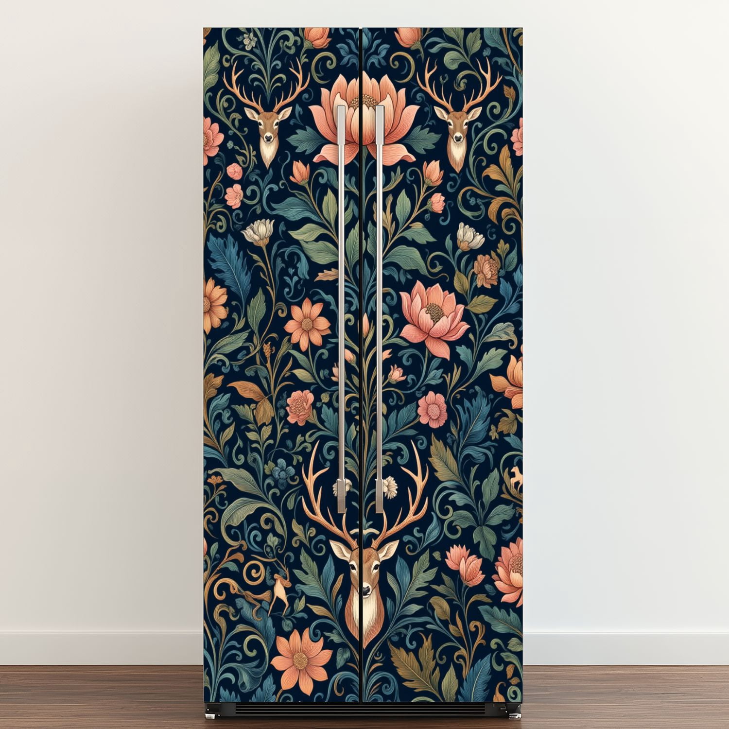 Self Adhesive Vinyl Refrigerator Wrap Set Dark Academia Botanical Floral Deer Seamless Door Mural Removable Fridge Sticker Peel and Stick&nbsp;Full Door Cover Decal Kitchen Bar Decor