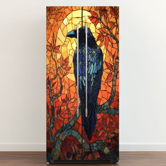 Self Adhesive Vinyl Refrigerator Wrap Set Dark Gothic Crow Stained Glass Bird Lovers Door Mural Removable Fridge Sticker Peel and Stick Full Door Cover Decal Kitchen Bar Decor